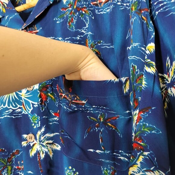 Aloha Joe Vintage Blue Hawaiian Print Short Sleeve Y2K Button-Down Casual Shirt - Picture 9 of 16